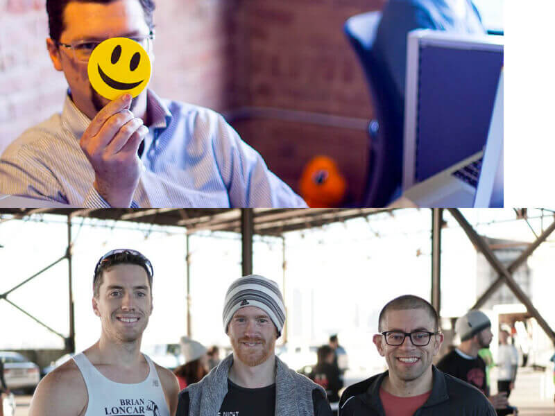 Two images, one with man holding smily face sticker, the other 3 men at race.