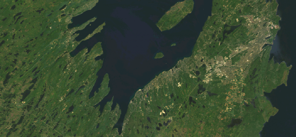 Aerial image of south-eastern Newfoundland, depicting water and green land. 