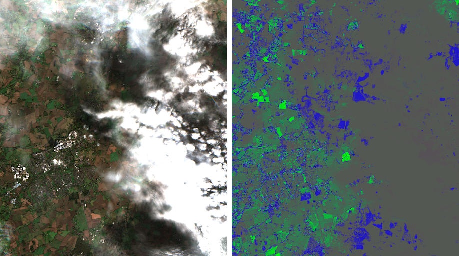 A cloudy scene (left) with the associated attention map (right).  Here, the attention mechanism in the model ignores clouds and cloud shadows and attends to unoccluded ground.