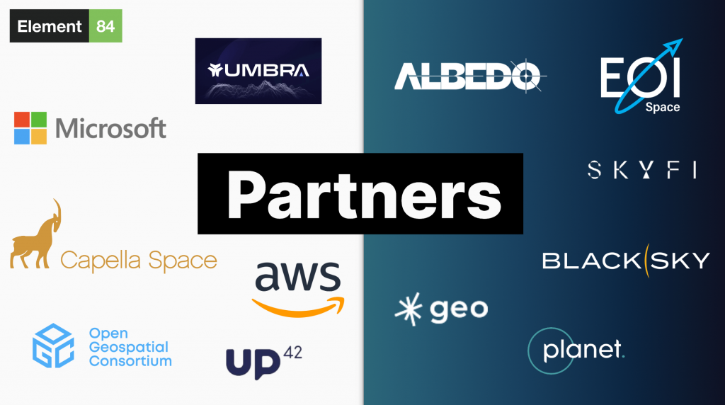 Tasking sprint partners' logos are displayed on a white and blue background. The partners are Element 84, GeoRobotix, BlackSky, Capella, Albedo, Planet, Umbra, Up42, Microsoft, Open Geospatial Consortium, Sparkgeo, Skyfi, and EOI Space. 