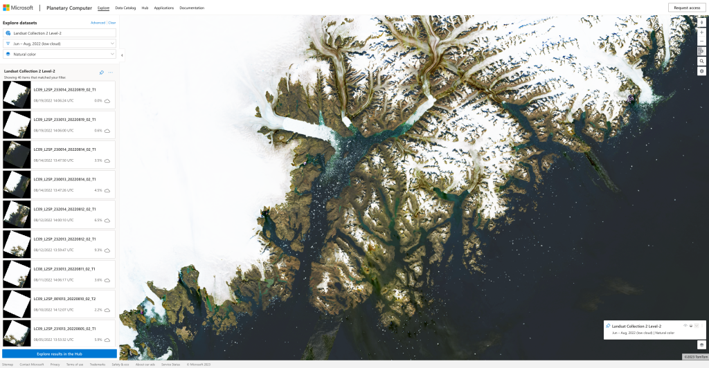 In this screenshot, you can see Landsat level 2 data loaded over the Helheim Glacier in southeast greenland. In the left sidebar, you can see that we are visualizing only low-cloud cover scenes over a specific time period, and these scenes are being mosaiced together with our tiler. The query parameters in the left drop down are converted under the hood into HTTP request parameters, which have been used to query the STAC API to discover the assets available for our view window.