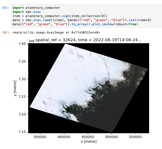 A short code snippet showing how to display data from a single landsat scene in a notebook using the Planetary Computer API and odc-stac.