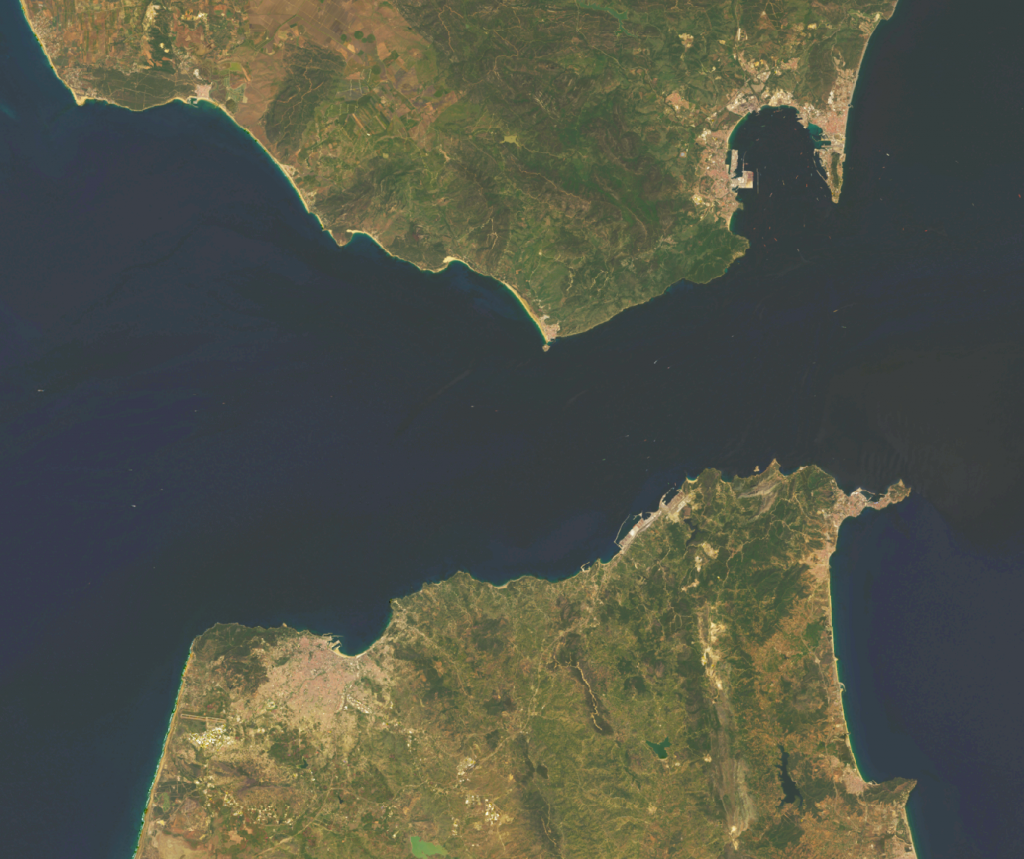 An aerial image of the straight of Gibraltar. Landsat-8 Image, Straight of Gibraltar, April 24, 2023