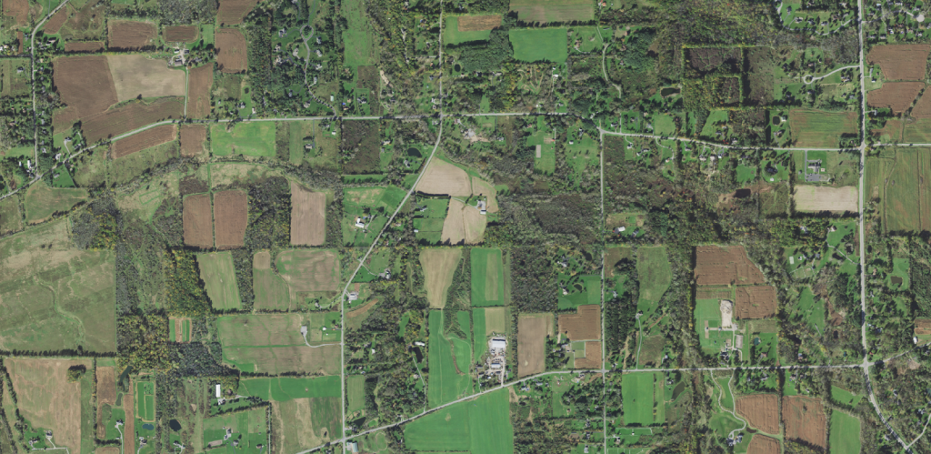 An aerial image of New York depicting farm land segments. NAIP Image of Western New York, 2019