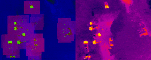 In the GIF below, we see a visual representation of the thermal imagery on the right, and the results of the computer vision algorithm and a lightweight thermal model (that will be discussed below) on the left. The neon green circles represent features identified by the ORB algorithm and the intensity of red is correlated with the inferred probability of there being a person in that part of the image